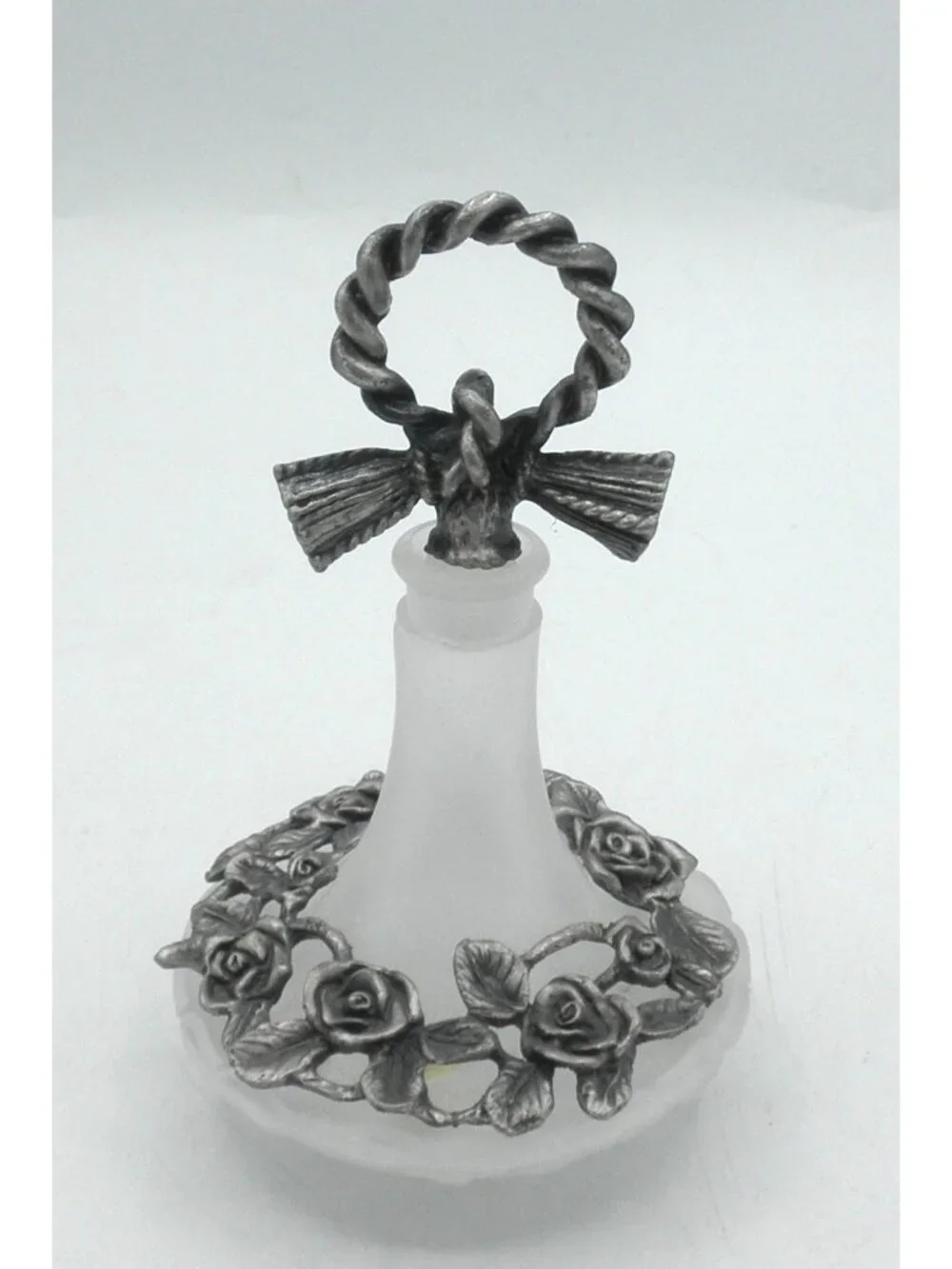 Vintage Clear Frosted Glass Vanity Bottle With Pewter Embellishments & Stopper